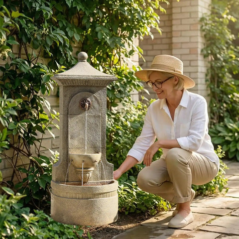 Woman admiring a Massive Outdoor Wall Fountain With LED Lights 42.91 Inch Tall Freestanding Garden Water Feature
