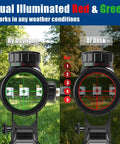 3-9x32AO Rifle Scope With Red And Green Illumination showing daylight and dusk views in a forest setting