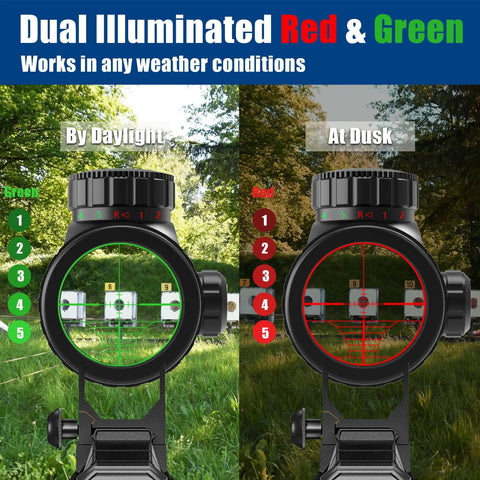 3-9x32AO Rifle Scope With Red And Green Illumination showing daylight and dusk views in a forest setting