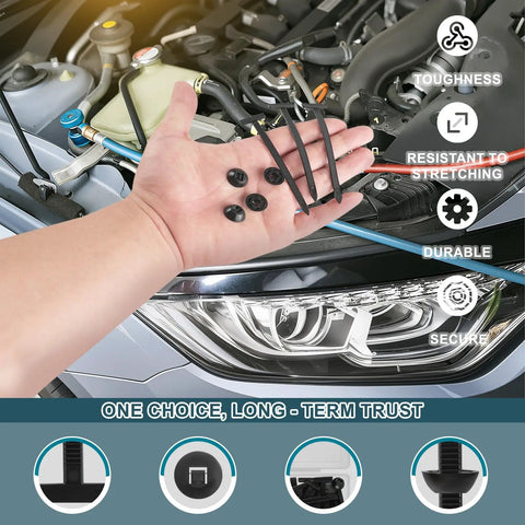 Hand holding Heavy Duty Self-Locking Nylon Cable Tie Buckle Kit, 100 PCs With PP Box, UV Resistant for car engine work.