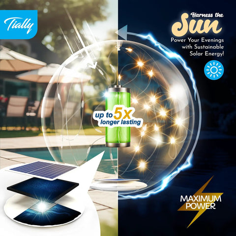 Fairy Floating Pool Lights Solar Powered 14 Inch Inflatable Waterproof LED Glow Balls For Pool Parties And Nighttime Swim Vibes Bright Outdoor Decor Easy Float And Light Up 2 Pack close-up showing solar panel and LED light feature