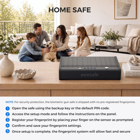 Biometric Gun Safe For Pistols With 3 Ways Quick Access Fingerprint Digital PIN And Key Portable Handgun Safe in a living room