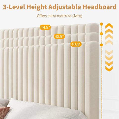 3-level height adjustable tufted headboard for queen platform bed frame wrapped in plush velvet upholstery.