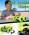 Child playing with 4WD Remote Control Car With 360 Degree Flips, Dual Sided Driving, Durable Stunt RC Vehicle With Breathing Soft Lights