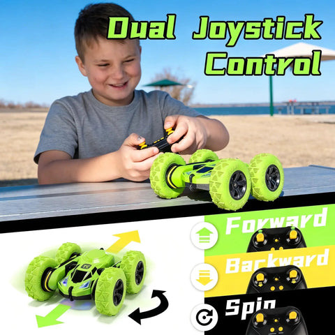 Child playing with 4WD Remote Control Car With 360 Degree Flips, Dual Sided Driving, Durable Stunt RC Vehicle With Breathing Soft Lights