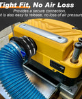 Quick Snap Magnetic Dust Collection Fittings 4 Inch To 2.5 Inch Adapters attached to yellow machinery with blue hose for easy dust collection.