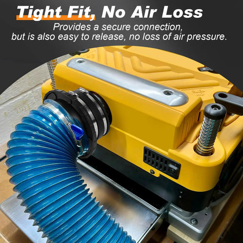4 Inch Magnetic Dust Collection Fittings For Shop Vacs And Woodworking Gear Providing No Sweat Hookups And Smart One To Multi Port Configs For Lightning Fast Workshop Swaps connected to a blue dust hose on a woodworking tool.
