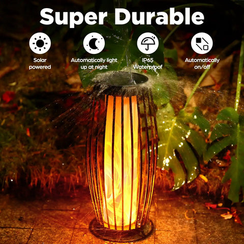 Outdoor Solar Lantern With USB Rechargeable Battery Waterproof LED Garden Light In Birdcage Metal Decor Style glowing in rain.