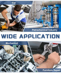 Wide application of Tough M2 Nylon Flat Washers In Matte Black, showcasing use in car repair, petrochemical, mechanical tasks, and furniture fixes.