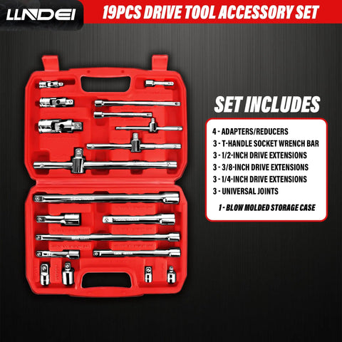 19 Piece Heavy Duty Drive Accessory Set With Universal Joints Adapters 9 Extension Bars T Handle Wrench And Sliding Sockets