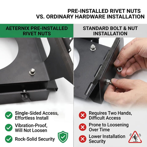 Comparison of Starlink Mini Mount For Ford F Series Trucks, showing pre-installed rivet nuts vs standard bolt installation.