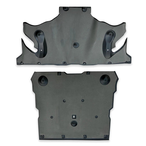 Crush Proof Hydroformed Aluminum Skid Plates For Tesla Model Y Front And Rear With Thick Acoustic Foam To Zero Out Road Noise And Shield Critical Axles During Rough Drives 2020 To 2025 showing top and bottom views.