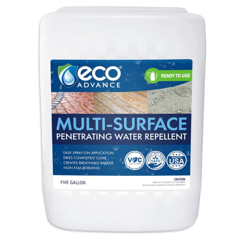 No Sweat Water Repellent Sealant For Concrete Brick Stone Stucco And Wood Decks Breathable Clear Finish in a five-gallon jug.