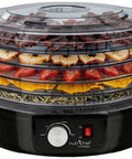 Nutrichef Electric Countertop Food Dehydrator With Professional Multi-Tier Food Preserver, featuring stacked trays of beef jerky, fruits, and herbs.