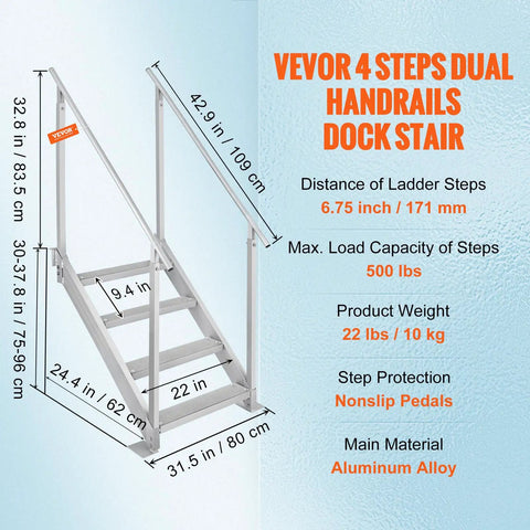 4 Step Dock Ladder With Dual Handrails 500 LB Load Aluminum Dock Stairs For Lake And Pool Adjustable Height Pontoon Boat Ladder With Wide Non Slip Pedals Marine Boarding For RV Or Home, aluminum alloy, 22 in steps