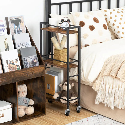 Slim Rolling Cart On Wheels For Small Spaces Mobile Kitchen Cart With Narrow Design Three Tier Wooden Service Cart For Bedroom