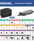 Front view of Dremel 4300-5/40 rotary tool kit with LED light; black case, blue accessory box, and 40 attachments.