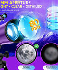 Portable 80mm Aperture Telescope For Kids And Adults High Power 500mm Refractor with lens comparison and moon detail view.