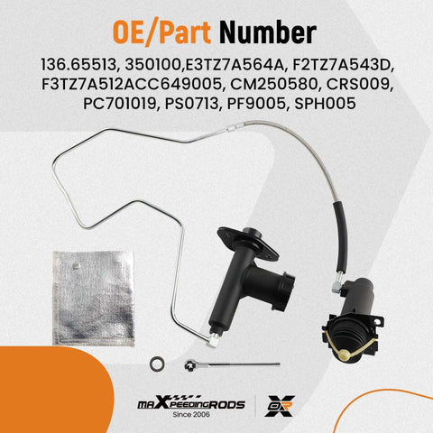 Pre-Filled Clutch Master Cylinder And Slave Cylinder Assembly For Ford F Series Trucks 1993-1997 F350 F250 HD F Super Duty 7.3L 7.5L V8 OHV OE 136.65513 Compatible Ready To Drop In displayed with part numbers on packaging background.