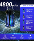 Cordless Bug Zapper For Indoor Outdoor Use With 4800mAh Rechargeable Battery Auto On Off Portable Mosquito Killer For Patio Backyard Camping Kitchen Electric Fly Trap With 4200V High Voltage, showing charging instructions on grass.