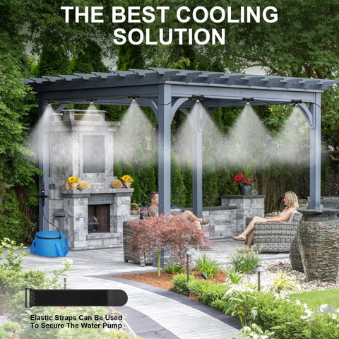 Portable Misting System With Rechargeable Pump For Outdoor Cooling Misting Line 26 Ft With 6 Brass Nozzles in patio setup