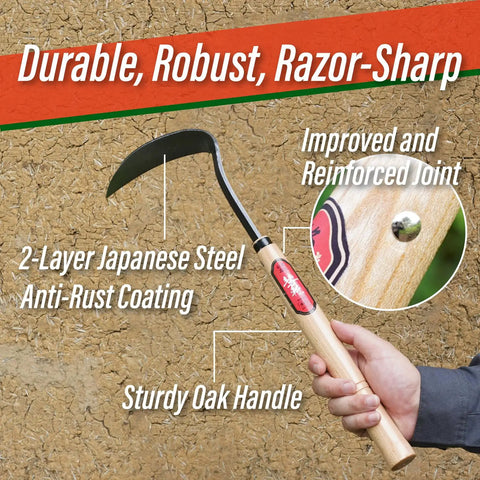 2-In-1 Weeding Sickle With Twist Blade For Root Removal And Crescent Blade For Grass Cutting, ergonomic oak handle shown