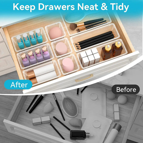 Must Have Grab And Go 12 Piece Drawer Organizer Set With 4 Size Trays for cosmetics and stationery, clear plastic, installed