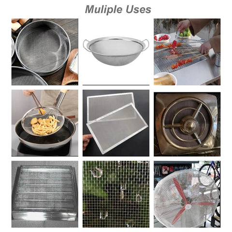 Collage of kitchen and DIY uses for Stainless Steel Mesh Screen 20Mesh 15.7x47.2 Inches 40x120cm, including cooking and ventilation.
