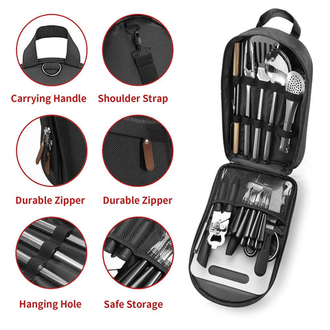 Ultimate Outdoor Cooking Utensil Set 27 Piece Stainless Steel Kit in organizer case with grilling tools for camping and travel.