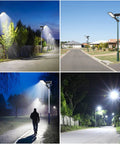 Lit Two Light Set 100W Solar Street Lights illuminating streets and paths at night, IP67 waterproof for outdoor security.