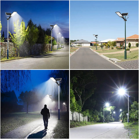 Lit Two Light Set 100W Solar Street Lights illuminating streets and paths at night, IP67 waterproof for outdoor security.