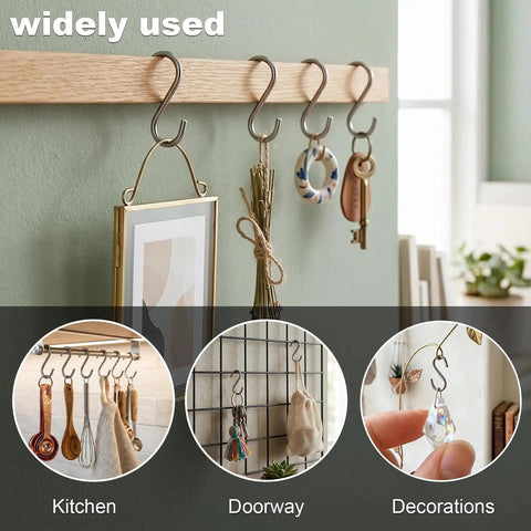 200 Piece 1 Inch Stainless Steel S Hooks For Curtain Hanging DIY Jewelry Pet Name Tags Key Rings Craft Assembly And Hella Versatile Mini Hardware Connector Clips displayed for kitchen and doorway use.