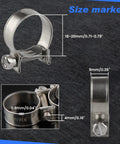 10 Pack Mini Stainless Steel Fuel Line Hose Clamps 18-20mm 23 Thirty Second To Three Quarters Inch Dia For Diesel And Gasoline Pipes With Compact Storage Box Pro Grade Set, showing detailed dimensions and stainless steel material.