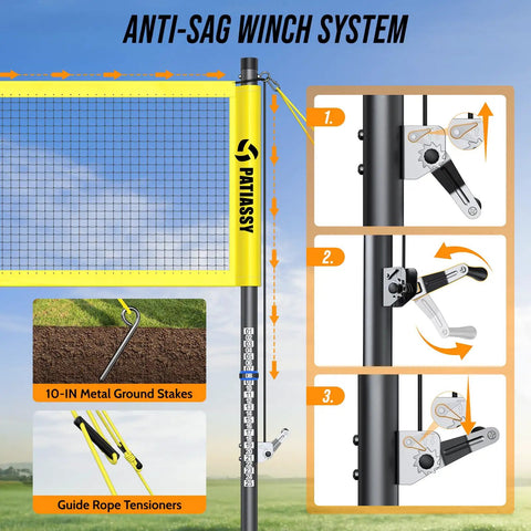 Anti-sag winch system for Backyard 2 In 1 Volleyball And Badminton Net Set With Adjustable Height From 5.1 To 8 Feet And Width From 20 To 32 Feet Includes 4 Aluminum Rackets Goose Feather Shuttlecocks And Carrying Bag For Quick Setup
