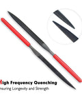 Two needle files with red handles from the Ten Piece Needle File Set With Pro Grade Hardened Alloy Steel Mini Files including close-up detail.