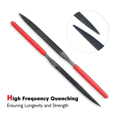 Two needle files with red handles from the Ten Piece Needle File Set With Pro Grade Hardened Alloy Steel Mini Files including close-up detail.