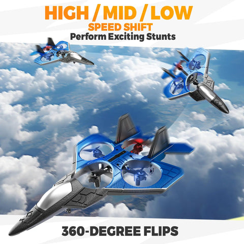 Mini RC Plane And Fighter Jet Drone For Adults And Kids, 360 Degree Flip, Foam F22 Raptor in flight above clouds performing stunts.