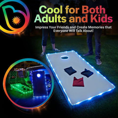 White LED Cornhole Lights For Hole And Board Complete 2 Board Kit with LED strands on lawn for game night