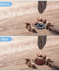 Comparison of installed 12mm Waterproof Plastic Screw Cap Covers 160 Piece Set For Phillips Cam Lock Nuts And Self Tapping Screws Decorative Orange Yellow Caps, before and after on wooden surface.