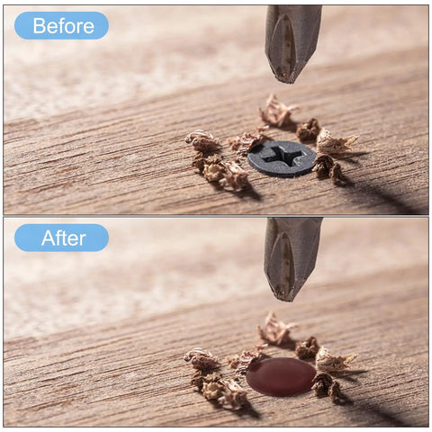 Comparison of installed 12mm Waterproof Plastic Screw Cap Covers 160 Piece Set For Phillips Cam Lock Nuts And Self Tapping Screws Decorative Orange Yellow Caps, before and after on wooden surface.