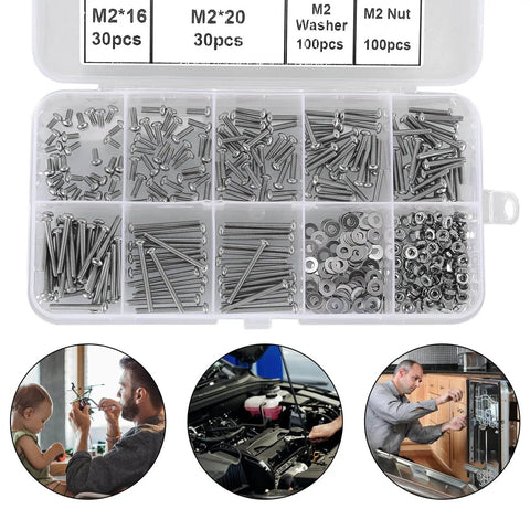 410 Piece Tiny Button Head Hex Socket Cap Screws Kit In 304 Stainless Steel With M2 Through M20 Sizes Zero Point Four Millimeter Pitch Includes Nuts Washers And Hex Keys For Micro Fastening Projects in a plastic organizer case