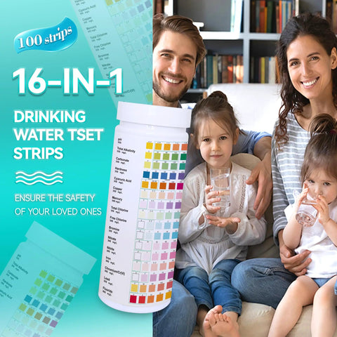 Big Time 16 In 1 Drinking Water Testing Kit With 100 Rapid Test Strips for household use, family enjoying clean water.