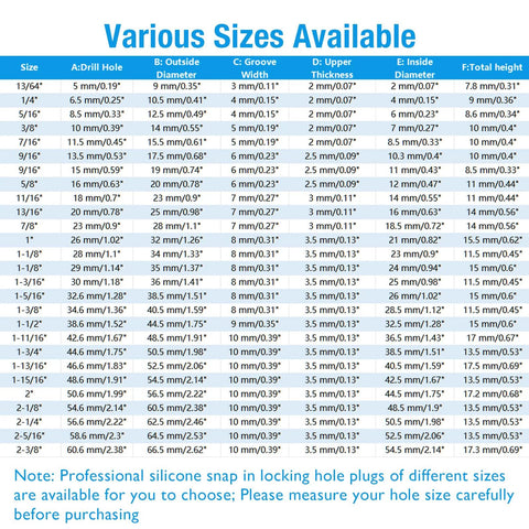 Front view: BOPOREAE silicone hole plugs size chart for 1-1/2 inch holes; white, 8-pack