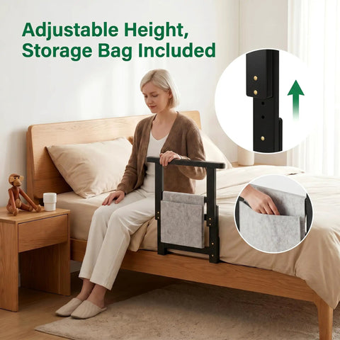 Adjustable Bed Rail For Seniors, Sturdy Grab Bar Supports Up To 300 Lbs, Black Bedside Safety Handle with storage bag and adjustable height