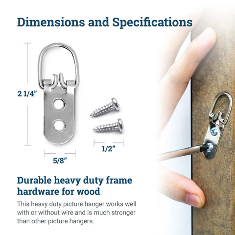 Heavy Duty D Ring Picture Hangers Bulk Pack 50 Count Two Hole With Screws One Inch Wide Supports Up To 40 Lbs For Wood Picture Frames