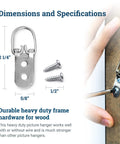 Ultra Heavy Duty D Ring Picture Hangers Bulk Pack Of 100 With Screws Two Hole Design Supports Up To Forty Pounds, shown with dimensions