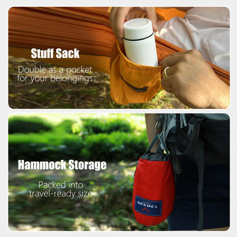 Close-up of Double Camping Hammock With Tree Hanging Kit And 12Kn Aluminum Wiregate Carabiner Parachute Nylon Lightweight Portable Gear showcasing storage pocket and sack.