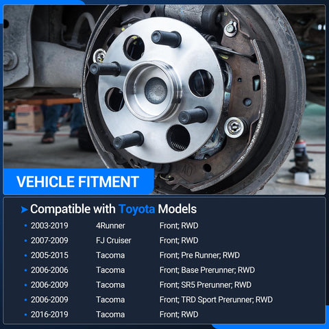 Front Wheel Bearing And Hub Assembly For Toyota Tacoma 2005 Through 2019 4Runner 2003 Through 2019 FJ Cruiser 2007 Through 2009 Six Lug With ABS