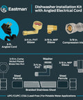 Components of 6 Ft Braided Stainless Steel Dishwasher Supply Line With 3 8 Inch Compression Ends Installation Kit, including angled electrical cord, elbows, and inlets