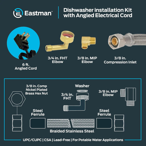 Components of 6 Ft Braided Stainless Steel Dishwasher Supply Line With 3 8 Inch Compression Ends Installation Kit, including angled electrical cord, elbows, and inlets